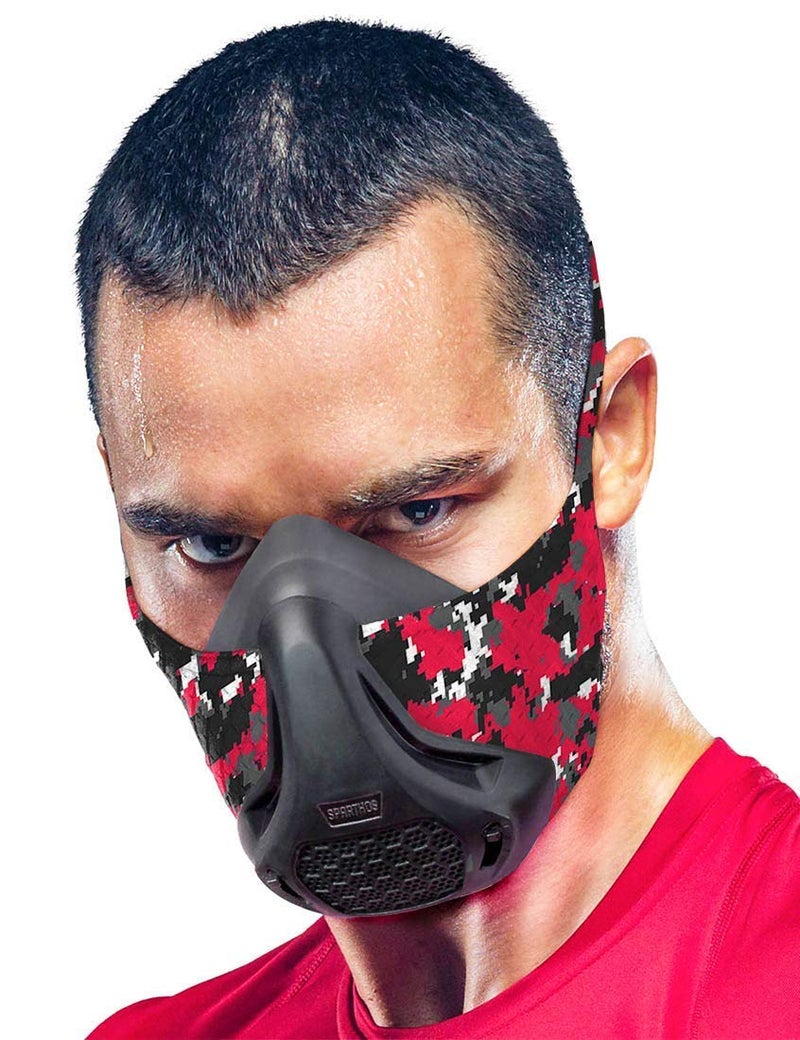 Sparthos High Altitude Mask for Training â€“ for Gym Workout, Running, Cyclist, Cardio - Fitness Hypoxic Resistance Mask 2 3 â€“ Urban Lung Exercise Face X Men Paintball [Red Camo + Case] - Image 1